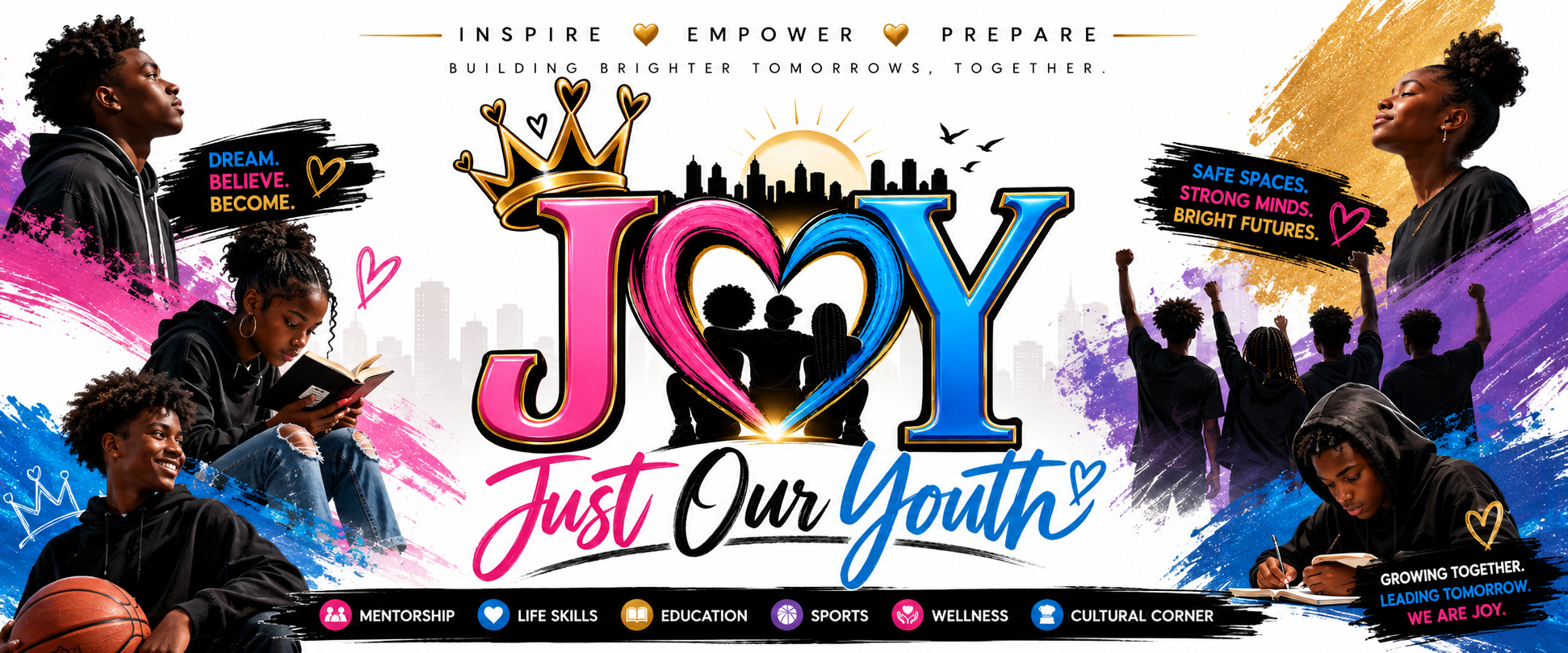 JOY brand banner showing mentorship, life skills, education, sports, wellness, and cultural programming