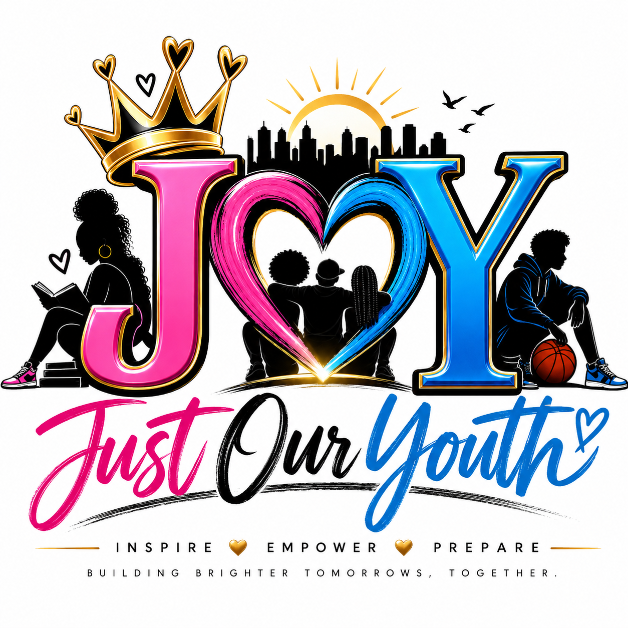 JOY logo featuring youth, a crown, and the words Just Our Youth